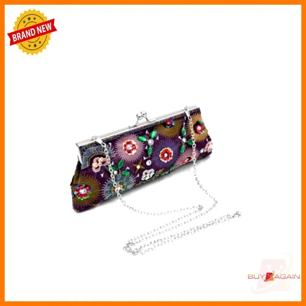Vintage Floral Embroidered Sequined Evening Clutch Purse with Chain Strap